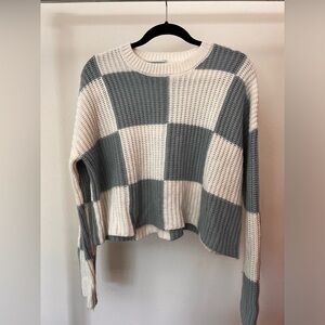 Moon and Madison size medium blue and white checked crop sweater.